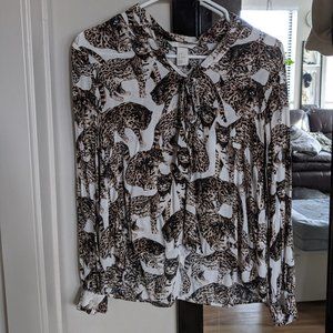 H&M Ocelot Cat Print Long Sleeve Tie Blouse sz 4